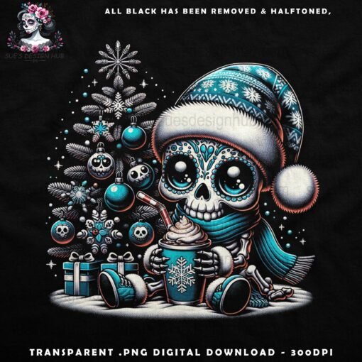 Skeleton with Hot Chocolate Christmas Tree - Halftone Print Ready Designs for DTF and White Toner Printing