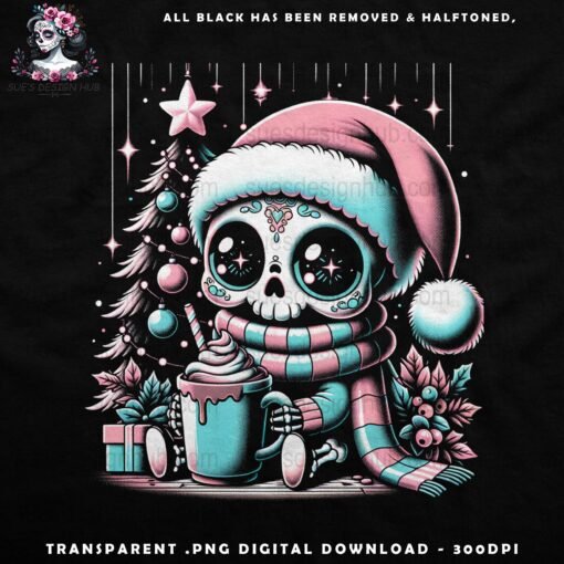 Cute Santa Skull with Holiday Decorations - Halftone Print Ready Designs for DTF and White Toner Printing