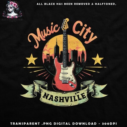 Retro Nashville Guitar | DTF Halftone Design