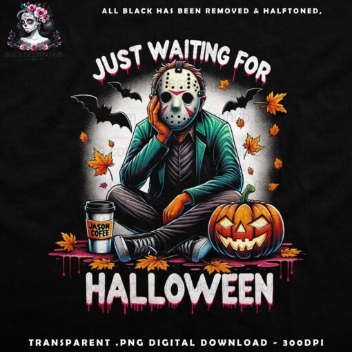 Just Waiting for Halloween Jason - Halftone Print Ready Designs for DTF and White Toner Printing