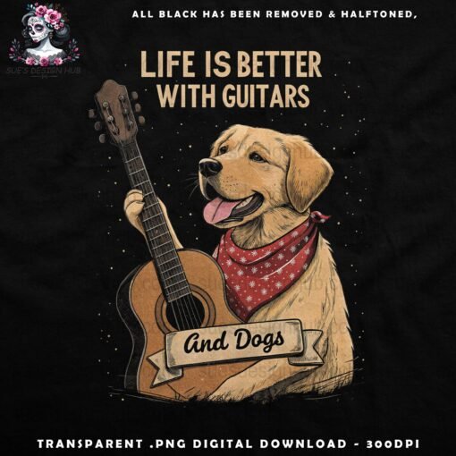 Guitars and Dogs - Halftone Print Ready Designs for DTF and White Toner Printing